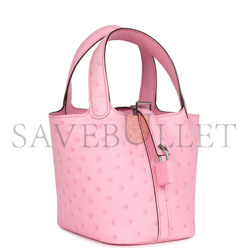 H**mes MASTER MICRO PICOTIN LOCK 14 BUBBLEGUM OSTRICH PALLADIUM HARDWARE (14*12*10cm)